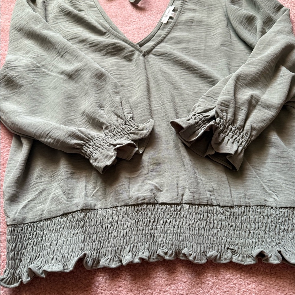 Maurices Green Smocked Ruffled Blouse 3/4 Sleeve